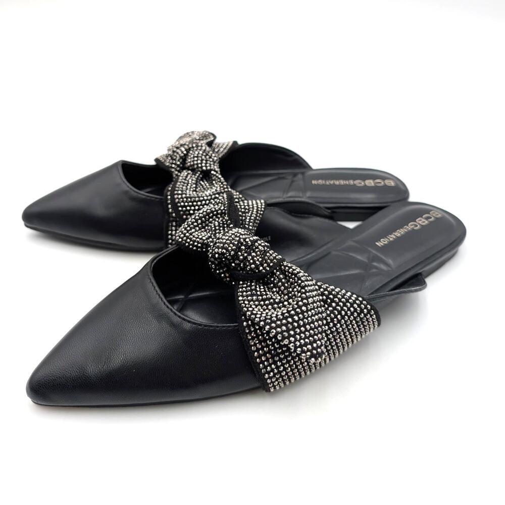 BCBGeneration Kandy Bow Pointed Toe Mule Rhinestone Women's Black Sz US7M EU37.5